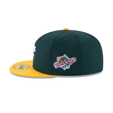 Load image into Gallery viewer, Oakland A's Athletics New Era MLB 59Fifty 5950 Fitted Cap Hat Team Color Green Crown Yellow Visor White Logo 1989 World Series Side Patch Gray UV
