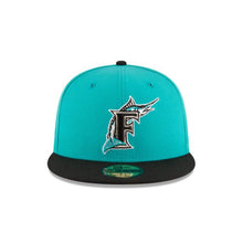 Load image into Gallery viewer, Florida Marlins New Era MLB 59Fifty 5950 Fitted Cap Hat Teal Crown Black Visor Team Color Logo 1997 World Series Side Patch Gray UV
