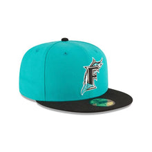 Load image into Gallery viewer, Florida Marlins New Era MLB 59Fifty 5950 Fitted Cap Hat Teal Crown Black Visor Team Color Logo 1997 World Series Side Patch Gray UV