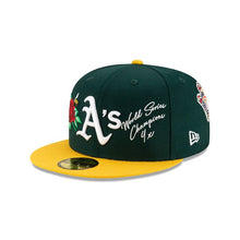 Load image into Gallery viewer, Oakland Athletics New Era MLB 59FIFTY 5950 Fitted Cap Hat Dark Green Crown Yellow Visor White Logo with Multiple Patches (World Series Champions)