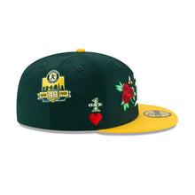 Load image into Gallery viewer, Oakland Athletics New Era MLB 59FIFTY 5950 Fitted Cap Hat Dark Green Crown Yellow Visor White Logo with Multiple Patches (World Series Champions)