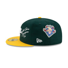 Load image into Gallery viewer, Oakland Athletics New Era MLB 59FIFTY 5950 Fitted Cap Hat Dark Green Crown Yellow Visor White Logo with Multiple Patches (World Series Champions)