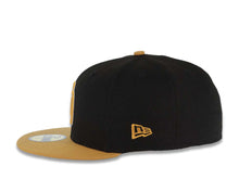 Load image into Gallery viewer, San Diego Padres New Era MLB 59FIFTY 5950 Fitted Cap Hat Black Crown Tan Visor Tan/White Logo 50th Anniversary Side Patch Gray UV