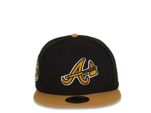 Load image into Gallery viewer, Atlanta Braves New Era MLB 9Fifty 950 Snapback Cap Hat Black Crown Wheat Visor Wheat/Black/White Logo with Tomahwak 2017 Inaugural Season Side Patch Gray UV