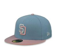Load image into Gallery viewer, New Era MLB 59Fifty 5950 Fitted San Diego Padres Cap Hat Sky Blue Crown Pink Visor White/Pink Logo 1998 World Series Side Patch Gray UV
