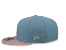Load image into Gallery viewer, New Era MLB 59Fifty 5950 Fitted San Diego Padres Cap Hat Sky Blue Crown Pink Visor White/Pink Logo 1998 World Series Side Patch Gray UV
