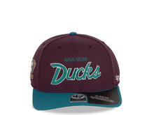 Load image into Gallery viewer, Ahaheim Mighty Ducks '47 NHL Snapback Cap Hat Maroon Crown Teal Visor Script Retro Logo