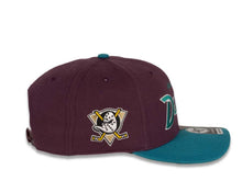 Load image into Gallery viewer, Ahaheim Mighty Ducks '47 NHL Snapback Cap Hat Maroon Crown Teal Visor Script Retro Logo