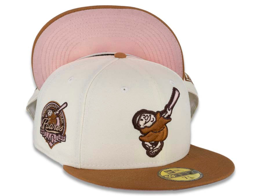 San Diego Padres New Era MLB 59FIFTY 5950 Fitted Cap Hat Cream Crown Light Bronze Visor Bronze/Pink Swinging Friar Logo 40th Anniversary Side Patch 7