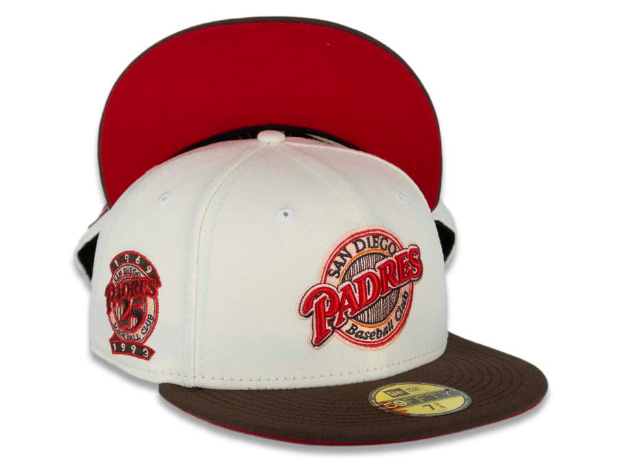 San Diego Padres New Era MLB 59FIFTY 5950 Fitted Cap Hat Cream Crown Brown Visor Red/Brown Baseball Club Retro Logo 25th Anniversary Side Patch 7 1/2