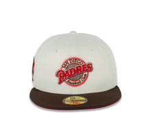 Load image into Gallery viewer, San Diego Padres New Era MLB 59FIFTY 5950 Fitted Cap Hat Chrome White Crown Brown Visor Red/Brown Logo 25th Anniversary Side Patch Red UV
