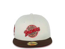 Load image into Gallery viewer, San Diego Padres New Era MLB 59FIFTY 5950 Fitted Cap Hat Chrome White Crown Brown Visor Red/Brown Logo 25th Anniversary Side Patch Red UV