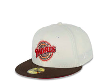 Load image into Gallery viewer, San Diego Padres New Era MLB 59FIFTY 5950 Fitted Cap Hat Chrome White Crown Brown Visor Red/Brown Logo 25th Anniversary Side Patch Red UV