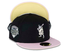 Load image into Gallery viewer, San Diego Padres New Era MLB 59FIFTY 5950 Fitted Cap Hat Black Crown Pink Visor Soft Yellow/Pink “Friar” Logo 1992 All-Star Game Side Patch Soft Yellow UV