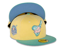 Load image into Gallery viewer, San Diego Padres New Era MLB 59FIFTY 5950 Fitted Cap Hat Soft Yellow Crown Clear Mint Visor Pink “Friar” Logo 40th Anniversary Side Patch Sky Blue UV