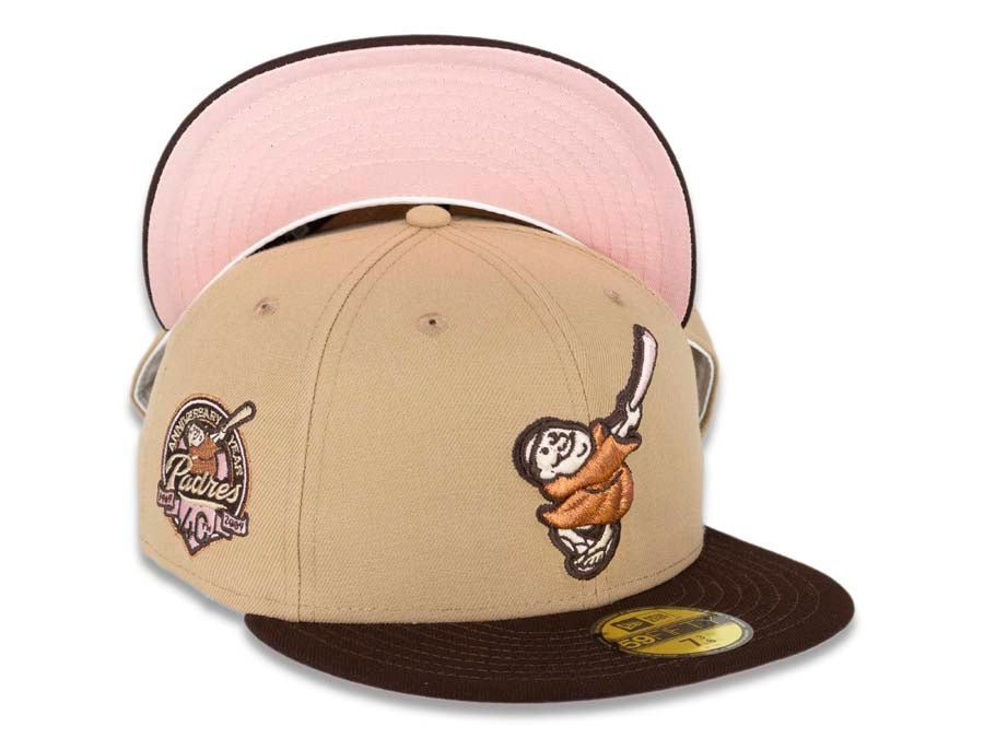 San Diego Padres New Era MLB 59FIFTY 5950 Fitted Cap Hat Cream Crown Light Brown Visor Brown Batting Friar Logo 40th Anniversary Side Patch Pink UV 7