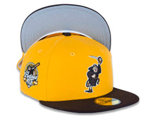 Load image into Gallery viewer, San Diego Padres New Era MLB 59FIFTY 5950 Fitted Cap Hat Yellow Crown Dark Brown Visor Dark Brown Catching Friar Logo Gray UV