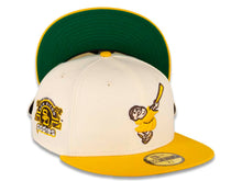 Load image into Gallery viewer, San Diego Padres New Era MLB 59FIFTY 5950 Fitted Cap Hat Chrome White Crown Temple Gold Visor Yellow/Brown "Friar" Logo Stadium Side Patch Green UV