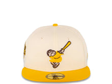Load image into Gallery viewer, San Diego Padres New Era MLB 59FIFTY 5950 Fitted Cap Hat Chrome White Crown Temple Gold Visor Yellow/Brown "Friar" Logo Stadium Side Patch Green UV