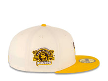 Load image into Gallery viewer, San Diego Padres New Era MLB 59FIFTY 5950 Fitted Cap Hat Chrome White Crown Temple Gold Visor Yellow/Brown "Friar" Logo Stadium Side Patch Green UV