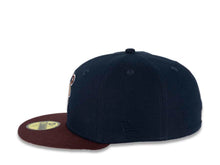 Load image into Gallery viewer, San Diego Padres New Era MLB 59FIFTY 5950 Fitted Cap Hat Ocean Blue Crown Maroon Visor Peach/Fall Orange “Catching Friar” Cooperstown Retro Logo 25th Anniversary Side Patch Fall Orange UV