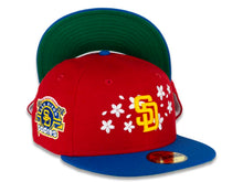 Load image into Gallery viewer, San Diego Padres New Era MLB 59FIFTY 5950 Fitted Cap Hat Red Crown Bright Royal Blue Visor Yellow Logo With Flowers Stadium Side Patch Green UV