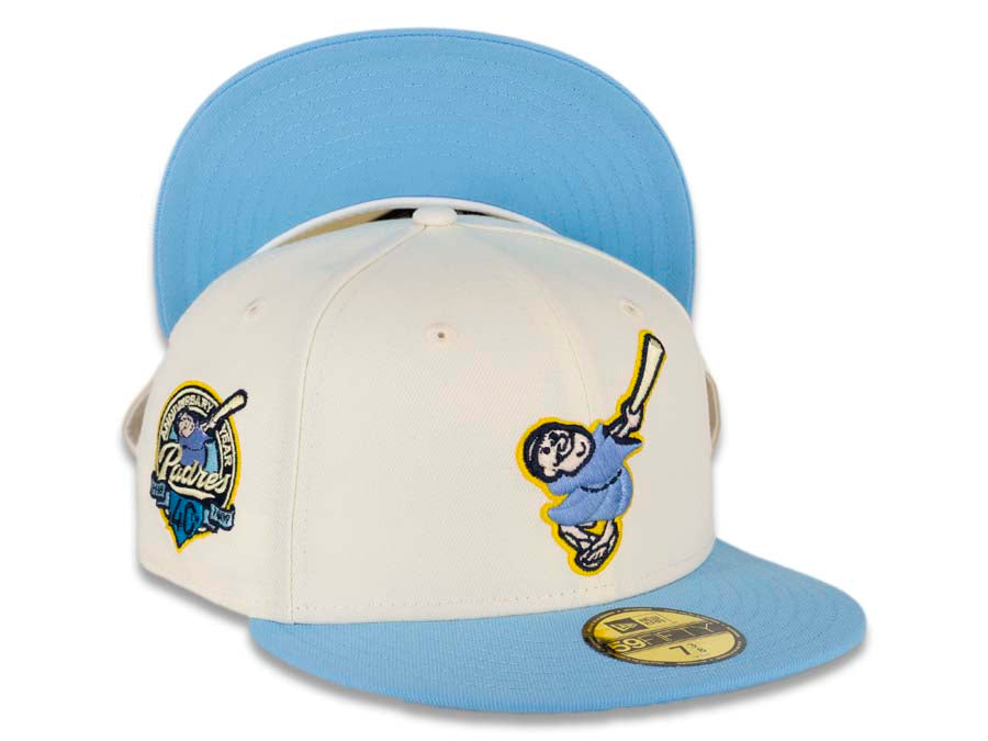 (City Connect Colors) San Diego Padres New Era MLB 59FIFTY 5950 Fitted Cap  Hat White Crown Teal Visor Teal/Magenta/Yellow 40th Anniversary Side Patch