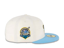 Load image into Gallery viewer, San Diego Padres New Era MLB 59FIFTY 5950 Fitted Cap Hat Chrome White Crown Dolphin Blue Visor Sky Blue/Soft Yellow "Friar” Logo 40th Anniversary Side Patch Sky Blue UV