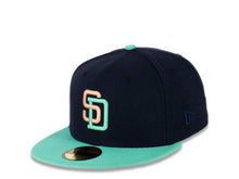 Load image into Gallery viewer, San Diego Padres New Era MLB 59FIFTY 5950 Fitted Cap Hat Dark Navy Crown Clear Mint Green Visor Peach Orange/Sea Glass Blue Logo 40th Anniversary Side Patch Peach UV