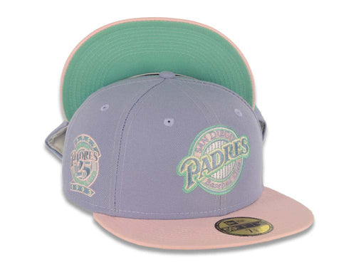 San Diego Padres New Era MLB 59FIFTY 5950 Fitted Cap Hat Lavender Crown Pink Visor Sky Blue/Pink Baseball Club Logo 25th Anniversary Side Patch
