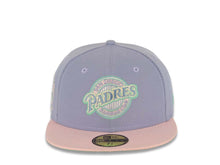 Load image into Gallery viewer, San Diego Padres New Era MLB 59FIFTY 5950 Fitted Cap Hat Lavender Crown Pink Visor Sky Blue/Pink Baseball Club Logo 25th Anniversary Side Patch