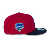 Load image into Gallery viewer, San Diego Padres New Era MLB 59FIFTY 5950 Fitted Cap Hat Red Crown Dark Brown Visor Blue/Brown/Yellow Batting Friar Logo 1992 All-Star Game Side Patch Yellow UV