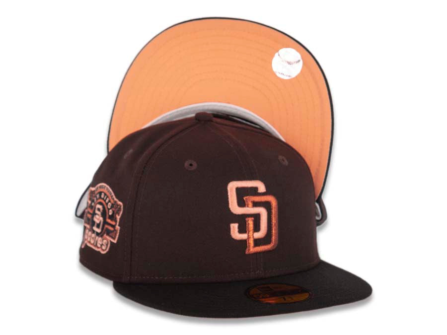 San Diego Padres New Era MLB 59FIFTY 5950 Fitted Cap Hat Cream Crown Light Brown Visor Brown Batting Friar Logo 40th Anniversary Side Patch Pink UV 7