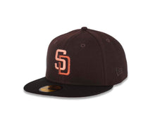 Load image into Gallery viewer, San Diego Padres New Era MLB 59FIFTY 5950 Fitted Cap Hat Dark Brown Crown Black Visor Peach/Metallic Copper Logo San Diego Stadium Side Patch Peach UV