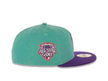 Load image into Gallery viewer, San Diego Padres New Era MLB 59FIFTY 5950 Fitted Cap Hat Clear Mint Green Crown Dark Purple Visor Lava Red/Purple Batting Friar Logo 1992 All-Star Game Side Patch Lava Red UV
