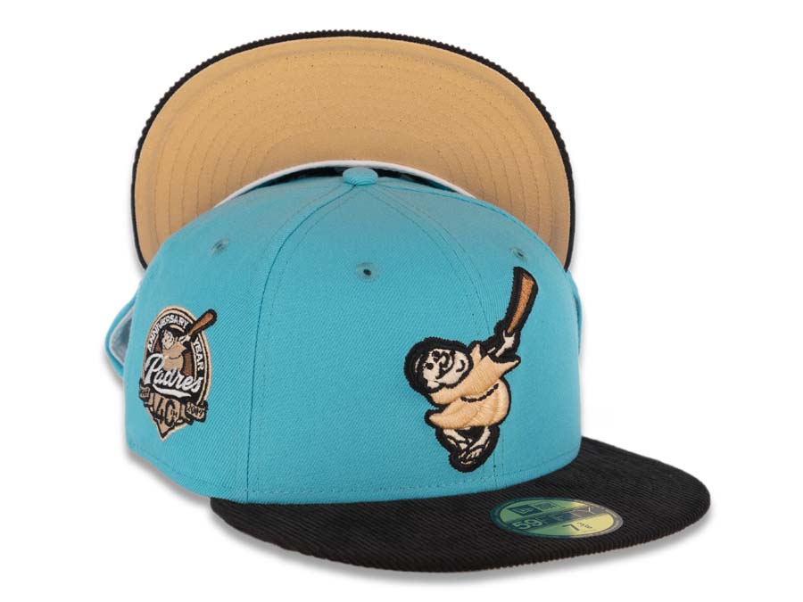 San Diego Padres New Era MLB 59FIFTY 5950 Fitted Cap Hat Blue Crown Black Corduroy Visor Peach Swinging Friar Logo 40th Anniversary Side Patch 7 1/2