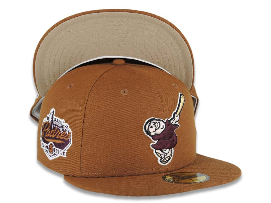 San Diego Padres New Era MLB 59FIFTY 5950 Fitted Cap Hat Light Brown Crown/Visor Maroon/Yellow Swinging Friar Logo Established 1969 Side Patch 7 1/8