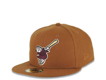 Load image into Gallery viewer, San Diego Padres New Era MLB 59FIFTY 5950 Fitted Cap Hat Light Brown Crown/Visor Maroon/Yellow Swinging Friar Logo Established 1969 Side Patch