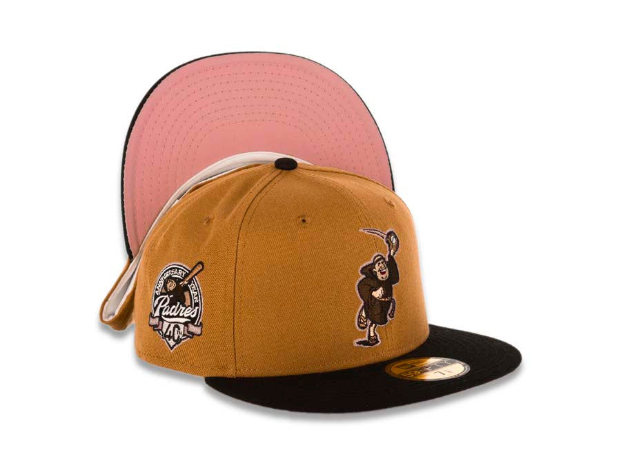 San Diego Padres New Era MLB 59FIFTY 5950 Fitted Cap Hat Cream Crown Light Brown Visor Brown/Pink Catching Friar Logo 40th Anniversary Side Patch 7 7/