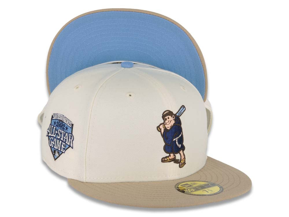 San Diego Padres New Era MLB 59FIFTY 5950 Fitted Cap Hat Cream Crown Khaki Visor Light Navy/Sky Blue Logo 1992 All-Star Game Side Patch Sky Blue UV 6