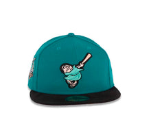 Load image into Gallery viewer, (Corduroy Visor) San Diego Padres New Era MLB 59FIFTY 5950 Fitted Cap Hat Aqua Crown Black Corduory Visor Aqua/Peach Swinghing Friar Logo 40th Anniversary Side Patch Peach UV