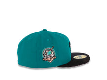 Load image into Gallery viewer, (Corduroy Visor) San Diego Padres New Era MLB 59FIFTY 5950 Fitted Cap Hat Aqua Crown Black Corduory Visor Aqua/Peach Swinghing Friar Logo 40th Anniversary Side Patch Peach UV