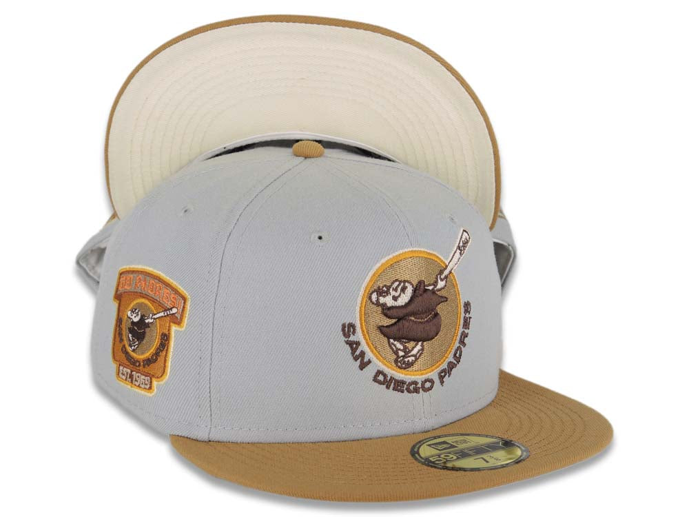 San Diego Padres New Era MLB 59FIFTY 5950 Fitted Cap Hat Gray Crown Wheat Visor Brown Round Swinging Friar Logo 1969 Go Padres Side Patch Cream UV 7 1