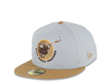 Load image into Gallery viewer, San Diego Padres New Era MLB 59FIFTY 5950 Fitted Cap Hat Gray Crown WheatVisor Brown Round Swinging Friar Logo 1969 Go Padres Side Patch Cream UV