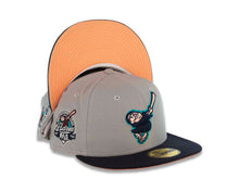 Load image into Gallery viewer, San Diego Padres New Era MLB 59FIFTY 5950 Fitted Cap Hat Gray Crown Dark Navy Visor Dark Navy/Peach Swinghing Friar Logo 40th Anniversary Side Patch Peach UV
