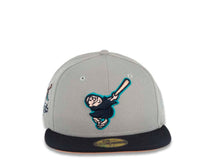 Load image into Gallery viewer, San Diego Padres New Era MLB 59FIFTY 5950 Fitted Cap Hat Gray Crown Dark Navy Visor Dark Navy/Peach Swinghing Friar Logo 40th Anniversary Side Patch Peach UV