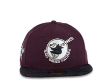 Load image into Gallery viewer, (Corduroy Visor) San Diego Padres New Era MLB 59FIFTY 5950 Fitted Cap Hat Maroon Crown Black Corduory Visor Black/White Round Swinging Friar Logo 1978 All-Star Game Side Patch Olive UV