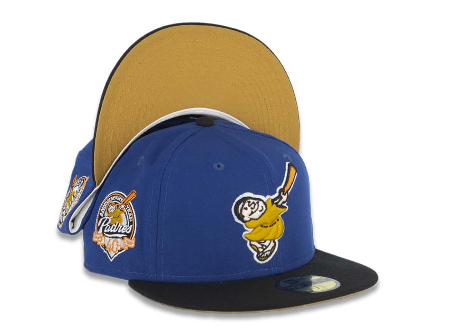 San Diego Padres New Era MLB 59FIFTY 5950 Fitted Cap Hat Sky Blue Crown Metallic Gold Visor Royal Blue/Brown Logo 40th Anniversary Side Patch 7 1/8