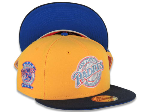 San Diego Padres New Era MLB 59FIFTY 5950 Fitted Cap Hat Yellow Crown Navy Visor Sky Blue Baseball Club Logo 25th Anniversary Side Patch Royal UV