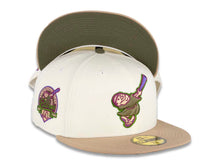 Load image into Gallery viewer, San Diego Padres New Era MLB 59FIFTY 5950 Fitted Cap Hat Chrome White Crown Light Khaki Visor Olive/Purple Swining Friar Logo 40th Anniversary Side Patch Olive UV